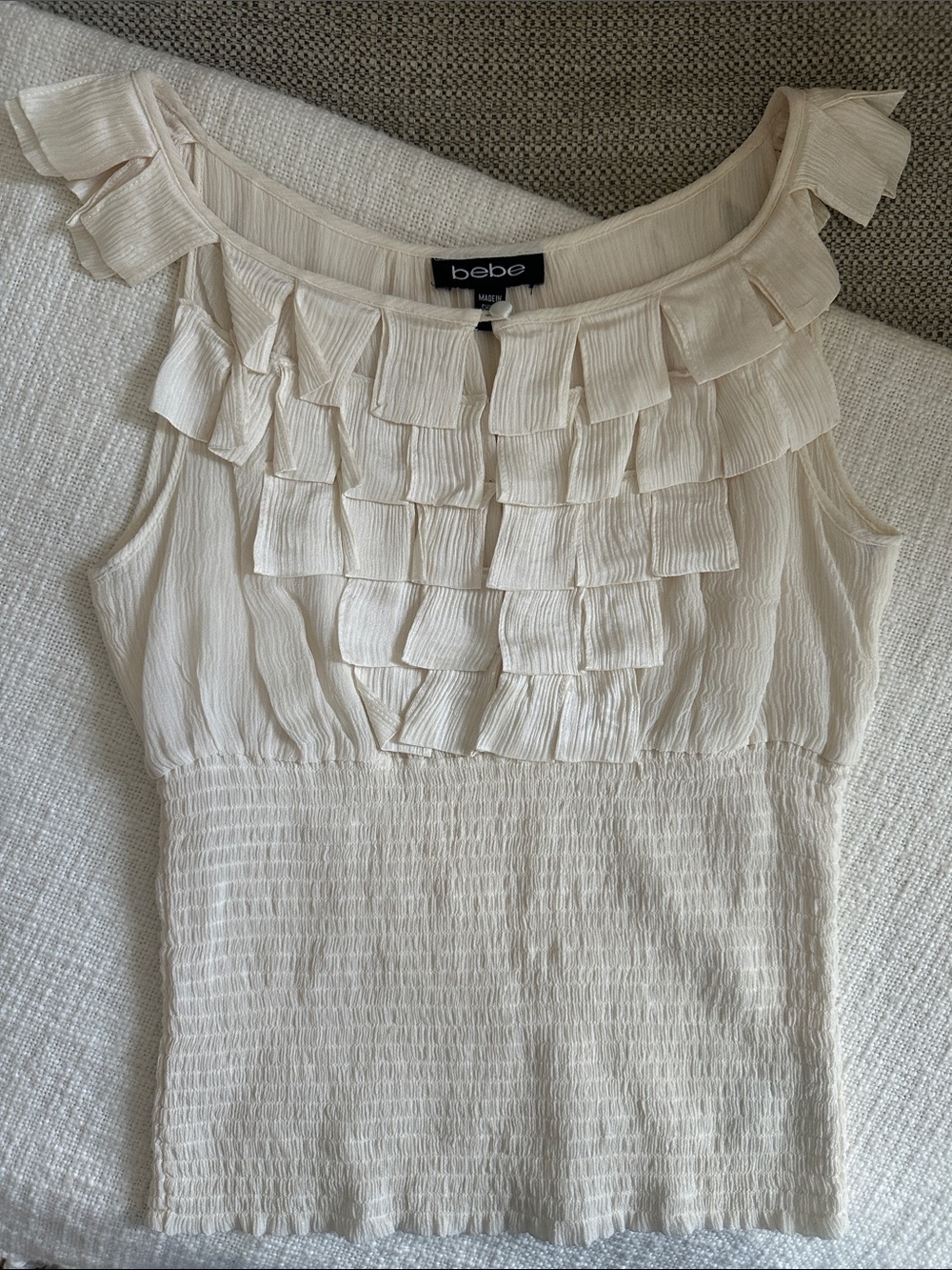 Vintage bebe Cream Ruffled Sleeveless Silk Camisole